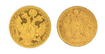 TWO AUSTRIAN GOLD 10 CORONAS, 1912 and 1915, obv. Francis Joseph I, rev. coat of arms, total wt. 7.