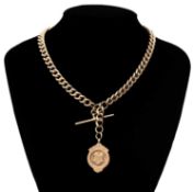 9CT GOLD CURB LINK ALBERT, with T-bar, lobster clasp and fob, wt. approx. 81.5g Provenance: