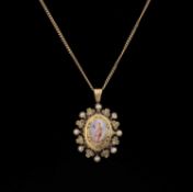 VICTORIAN ENAMELLED ROSE DIAMOND & PEARL PENDANT (with losses), mounted in yellow metal, 35 x 23mms,