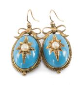 PAIR OF VICTORIAN BLUE ENAMELLED & PEARL PENDANT EARRINGS, in gold-plated mounts, 30mms drop