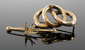 VICTORIAN GOLD & SEED PEARL SWALLOW BAR BROOCH, 45mms, 1.9g; with gold knot brooch, 40mms, 5.3g (