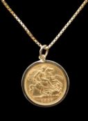 HALF SOVEREIGN PENDANT NECKLACE, 1897 coin, in a 9ct gold pendant mount, suspended from a 9ct gold