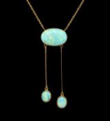 15CT GOLD THREE-STONE OPAL NECKLACE, principal opal approx. 14 x 10mms, gross wt. approx. 3.9g