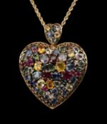 9CT GOLD HEART-SHAPED SAPPHIRE PENDANT, the multi-coloured sapphires of mixed cut and size, on 9ct