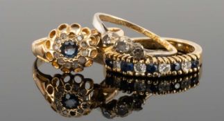 THREE 18CT GOLD RINGS, including nine-stone diamond & sapphire half hoop ring, diamond chip and