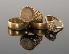 TWO 9CT GOLD WEDDING RINGS, one being cut, 4.7g; together with 9ct gold USA $1 1853 coin ring,