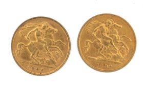 QUEEN VICTORIAN HALF SOVEREIGN, 1897 (F), 3.95g; and Edward VII half sovereign, 1905 (VF), 3.95g (2)