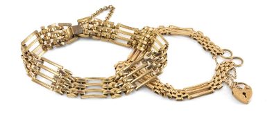 9CT GOLD GATE LINK BRACELET with padlock clasp and safety chain, 7.7g; together with gold-plated