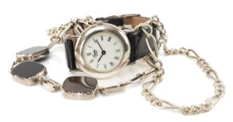 SILVER FIGARO WATCH CHAIN with spring clip, 61cms (l); together with modernist hardstone and white