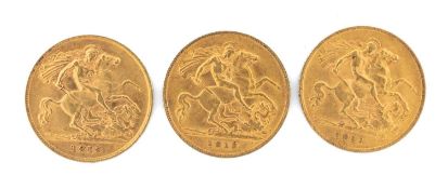 GEORGE V HALF SOVEREIGN, 1911 (EF), 3.98g; together with two George V half sovereigns, 1912, each