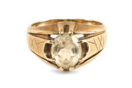9CT GOLD GENT'S RING, set with single white oval-cut stone, ring size T, gross wt. 8.1g