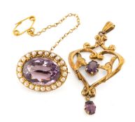 18CT GOLD AMETHYST & SEED PEARL BROOCH, 20mms (w); together with Edwardian 9ct gold and amethyst