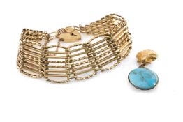 9CT GOLD GATE LINK BRACELET, with padlock clasp, 18.5g, and two charms (3) Provenance: consigned