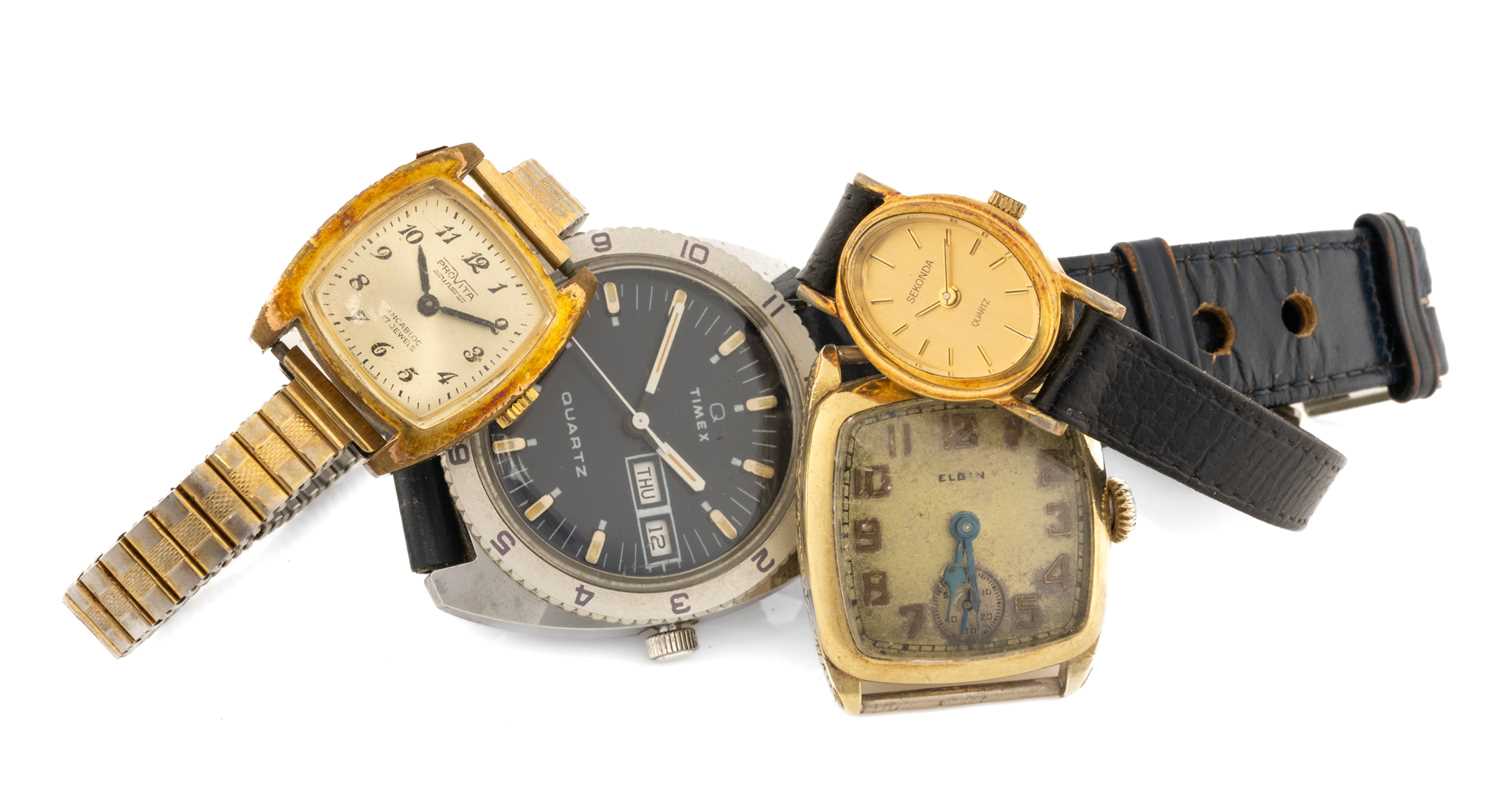 FOUR WRISTWATCHES, comprising vintage gent's Elgin gold-plated watch head, gent's Timex Q