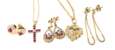 RUBY & DIAMOND CROSS-FORM PENDANT NECKLACE in 9ct gold, pendant 25mms, necklace 46cms (l), 1.6g;