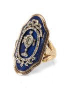 FRENCH DIAMOND & ENAMELLED RING, centred with an old-pear-cut diamond, approx. 0.5cts, bordered with