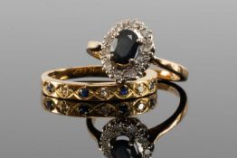 SAPPHIRE & DIAMOND CLUSTER RING in 18ct gold, ring size K, 3g; together with sapphire and diamond
