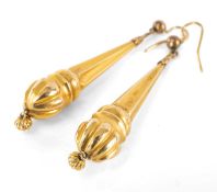 PAIR OF VICTORIAN YELLOW GOLD FLUTED PENDANT EARRINGS, unmarked with later hook mounts, 60mms