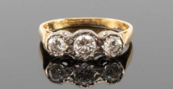 18CT GOLD THREE-STONE DIAMOND RING, illusion set, total diamond wt. approx. 0.5ct, wt. approx. 2.7g,