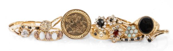 COLLECTION OF TWELVE GEM-SET DRESS RINGS, including onyx signet ring, ring size S; coin style