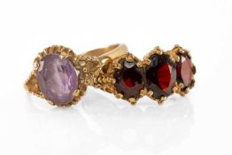 GARNET THREE-STONE RING in 9ct gold, largest stone approx. 7 x 5mms, ring size M, 3.8g; together