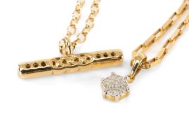 YELLOW METAL DIAMOND BAR PENDANT on 9ct gold chain, together with 9ct gold diamond chip pendant on