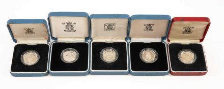 FIVE ROYAL MINT SILVER PROOF £1 COINS, comprising dates: 1983, 1994, 1987, 1988, 1985, all