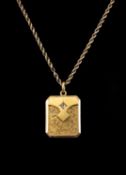 15CT GOLD LOCKET ON 9CT ROPE TWIST CHAIN, canted rectangular locket part engraved and set with