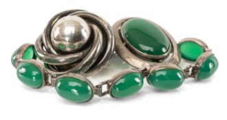 SCOTTISH SILVER CABOCHON GREEN STONE OVAL BROOCH, maker M. G., Glasgow 1953, 35mms; together with