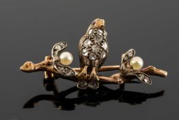 VICTORIAN ROSE DIAMOND & PEARL BIRD ON BRANCH BROOCH, unmarked yellow gold, the bird set with