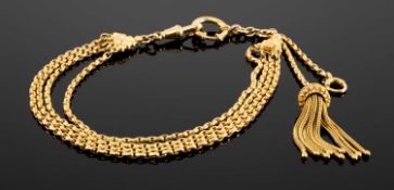 YELLOW METAL FOUR STRAND BELCHER LINK ALBERT, with engraved triangular brackets, pendant tassel,