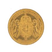 HUNGARIAN GOLD 10 KORONA, 1894, obv. Ferencz Jozsef I with orb & sceptre, rev. crowned coat of