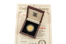 RARE 1989 WELSH GOLD 1/4 OZ SOVEREIGN MEDALLION, obv. Welsh dragon, rev. oak and laurel leaf clad