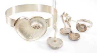 SUITE OF FINNFEELINGS STERLING SILVER WATER LILY JEWELLERY, comprising bangle, cuff size 60mms,