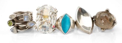 TWO JUST (DENMARK) STERLING SILVER DRESS RINGS, ring sizes M/N and J; together with three further