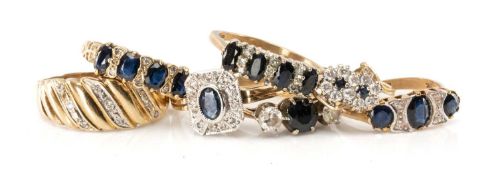 SEVEN 9CT GOLD GEM-SET RINGS, including sapphires, diamond chips, white gemstones, 20.0g gross (7)