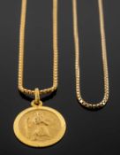 9CT GOLD ST. CHRISTOPHER PENDANT BOX LINK NECKLACE, 45.5cms (l); together with further 9ct gold