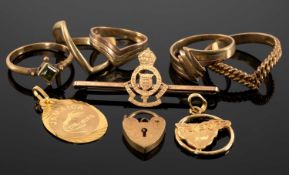 FIVE ASSORTED 9CT GOLD RINGS, together with 9ct gold padlock clasp, 13.2g; Royal Army Ordnance Corps