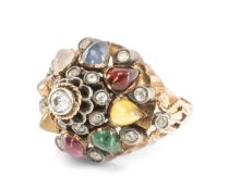 DECORATIVE MULTI GEM SET DRESS RING in 14ct gold, ring size L, 5.9g Provenance: private collection