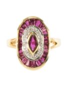 18K GOLD RUBY & DIAMOND CLUSTER RING, set with marquise, round and baguette cut stones, ring size R,