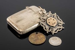 ASSORTED FOBS, VESTA & COIN, comprising machine turned silver vesta case 5.3cms, silver Maltese
