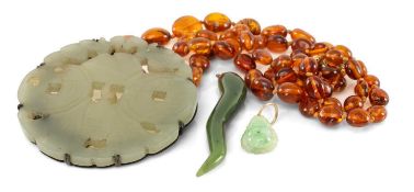 BALTIC AMBER BEADED NECKLACE, 14.6g; together with spinach green nephrite pendant, 51mms; Celadon