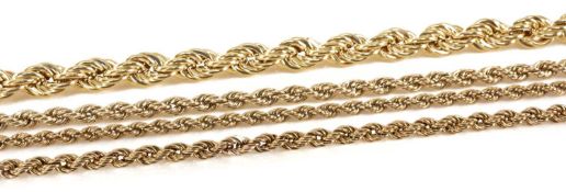 FOUR 9CT GOLD HOLLOW ROPE TWIST NECKLACES, 55cms, 49cms, 47cms and 41cms (l), gross weight approx.