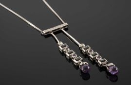 9CT WHITE GOLD DIAMOND, AMETHYST & IOLITE PENDANT NECKLACE, 48mms drop, 46cms (l), 4g Provenance: