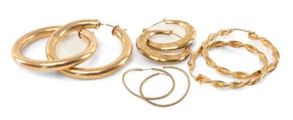 THREE PAIRS OF 9CT MARKED GOLD HOOP EARRINGS, one pair of crescent hoop earrings being 26mms (