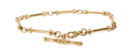 9CT GOLD BRACELET, bar link with T-bar, 20cms long, 9.8g Provenance: deceased estate Swansea