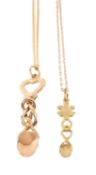 9CT GOLD LOVESPOON PENDANT on 9ct gold chain, with similar yellow metal lovespoon pendant on 9ct