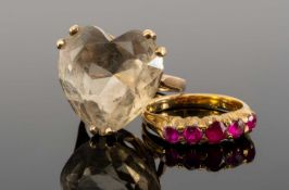 YELLOW METAL FIVE-STONE RUBY RING, together with 9ct gold believed heart-cut smoky quartz ring, 11.
