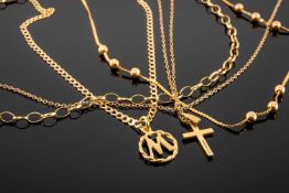 FOUR 9CT GOLD CHAINS, one with crucifix pendant, one with 'M' pendant, 11.3g Provenance: private