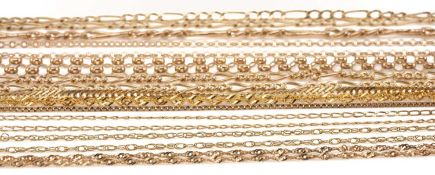ELEVEN VARIOUS 9CT GOLD FINE CHAIN NECKLACES, longest 48.5cms (l), shortest 38cms (l), gross